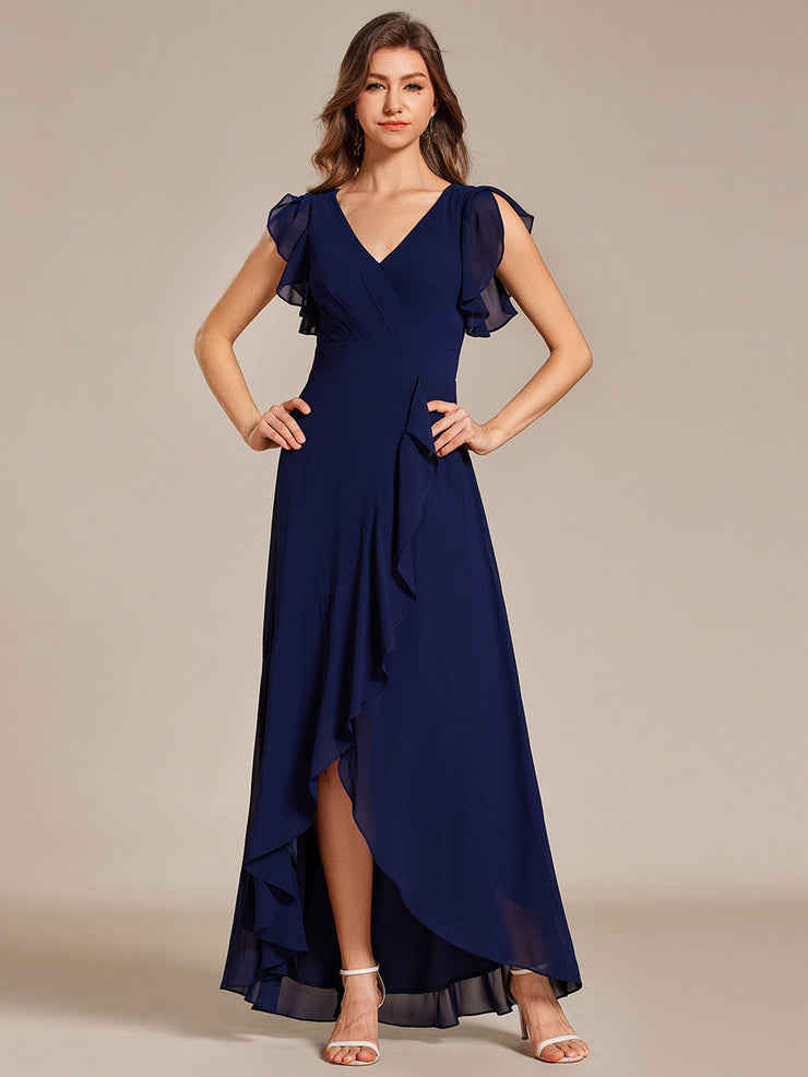 Elegant Ruffled Chiffon High-Low Bridesmaid Dress with Backless Design