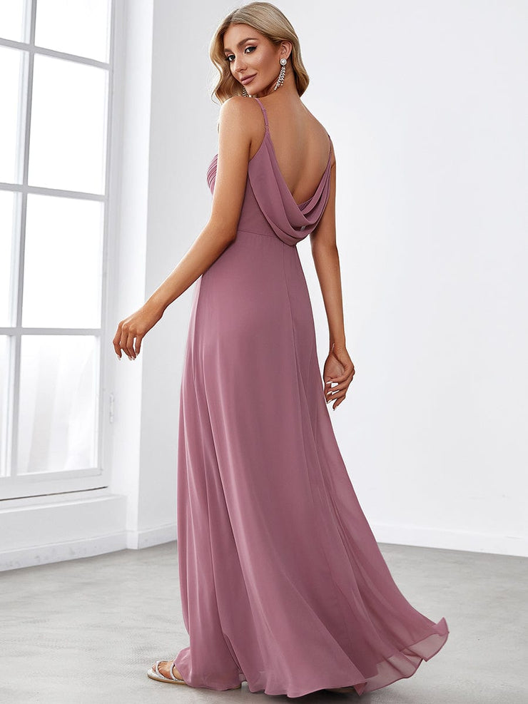 Chiffon Pleated Spaghetti Strap Cowl-Back Maxi Bridesmaid Dress In Pink