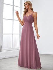 Chiffon Pleated Spaghetti Strap Cowl-Back Maxi Bridesmaid Dress In Pink