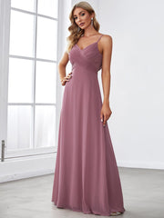 Chiffon Pleated Spaghetti Strap Cowl-Back Maxi Bridesmaid Dress In Pink