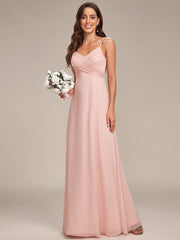 Chiffon Pleated Spaghetti Strap Cowl-Back Maxi Bridesmaid Dress In Pink