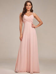 Chiffon Pleated Spaghetti Strap Cowl-Back Maxi Bridesmaid Dress In Pink