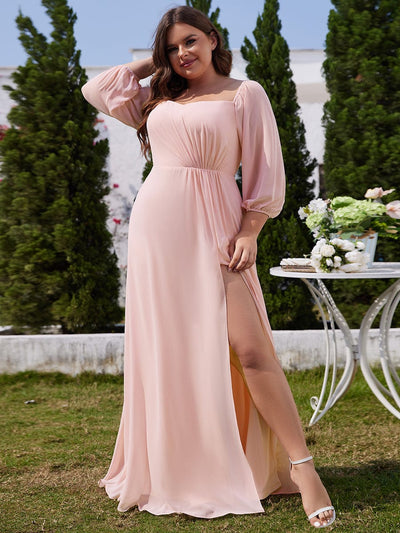 Plus Size Long-Sleeved Chiffon Off Shoulder Bridesmaid Dresses with High Slit