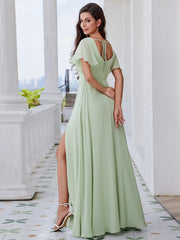 U-Neck Ruffle Sleeve High Slit A-Line Bridesmaid Dress with Back Tie