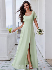 U-Neck Ruffle Sleeve High Slit A-Line Bridesmaid Dress with Back Tie