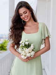 U-Neck Ruffle Sleeve High Slit A-Line Bridesmaid Dress with Back Tie