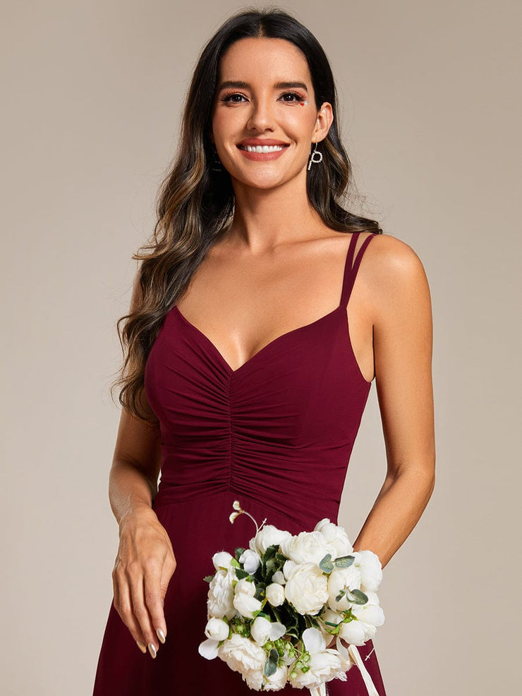 Chic Adjustable Straps Pleated Bridesmaid Dress with V-Neck