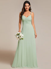 Chic Adjustable Straps Pleated Bridesmaid Dress with V-Neck