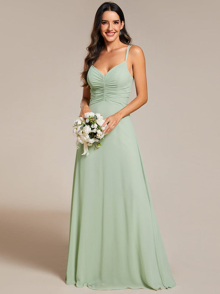 Chic Adjustable Straps Pleated Bridesmaid Dress with V-Neck