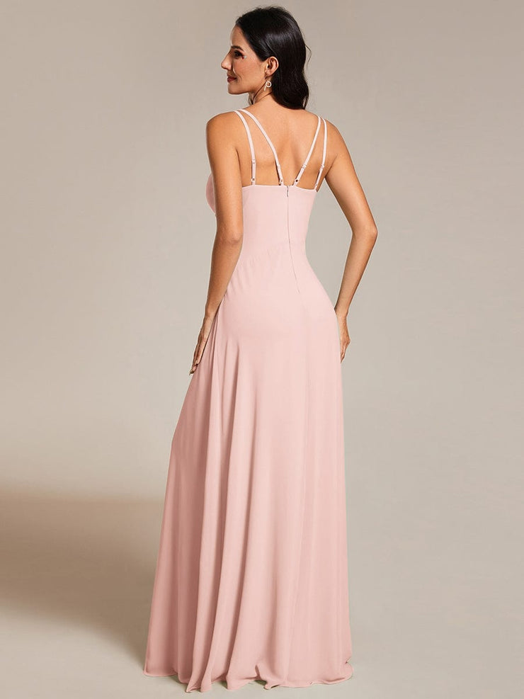 Chic Adjustable Straps Pleated Bridesmaid Dress with V-Neck