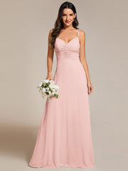 Chic Adjustable Straps Pleated Bridesmaid Dress with V-Neck