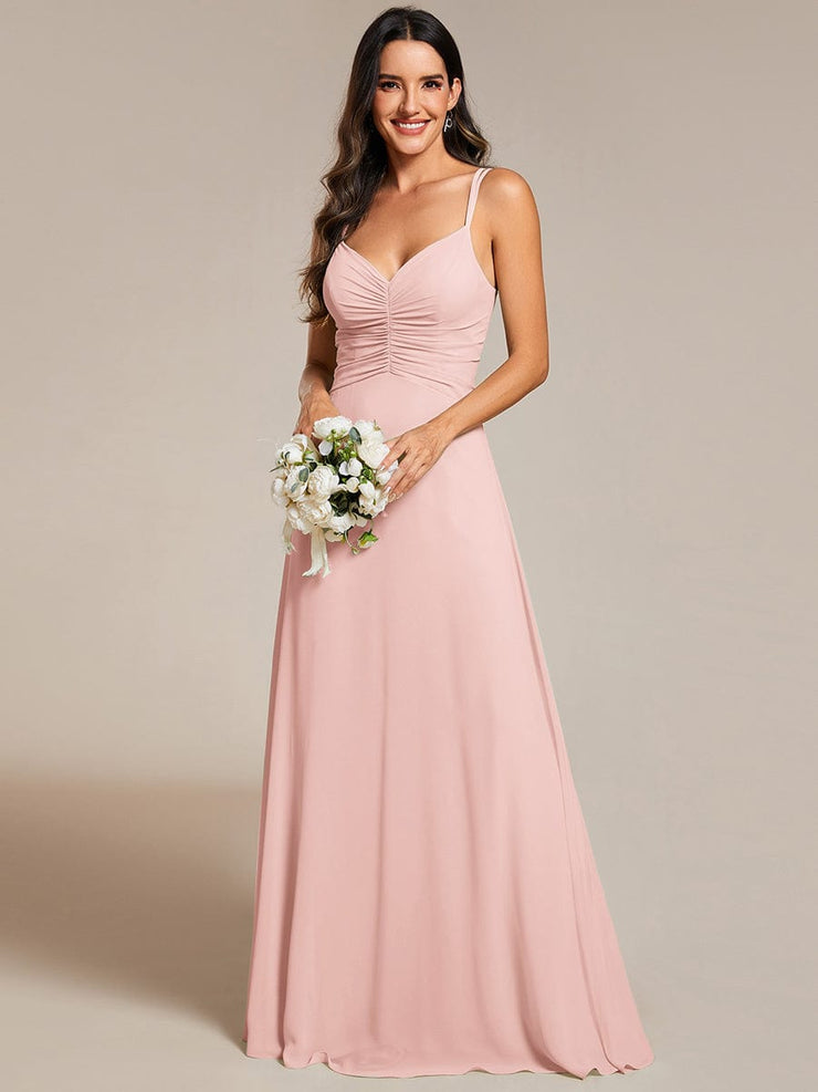 Chic Adjustable Straps Pleated Bridesmaid Dress with V-Neck