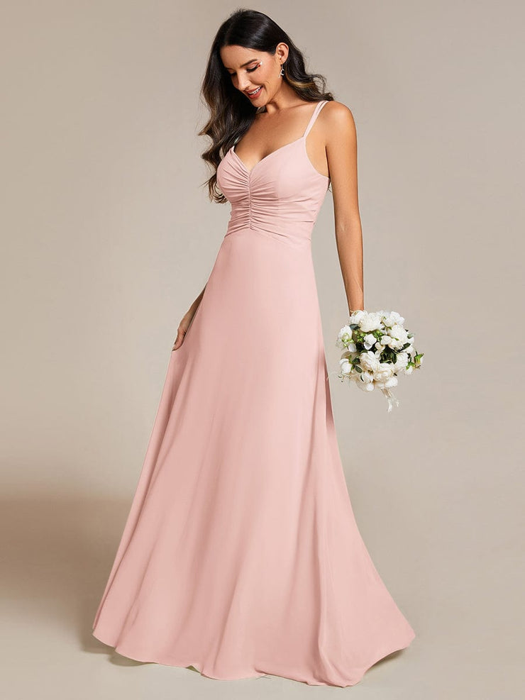 Chic Adjustable Straps Pleated Bridesmaid Dress with V-Neck