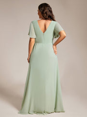 A-Line Ruffle Sleeves and High Slit Chiffon Bridesmaid Dress with V-Neck