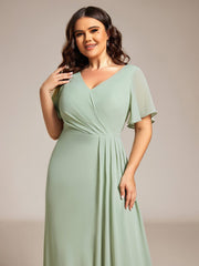 A-Line Ruffle Sleeves and High Slit Chiffon Bridesmaid Dress with V-Neck