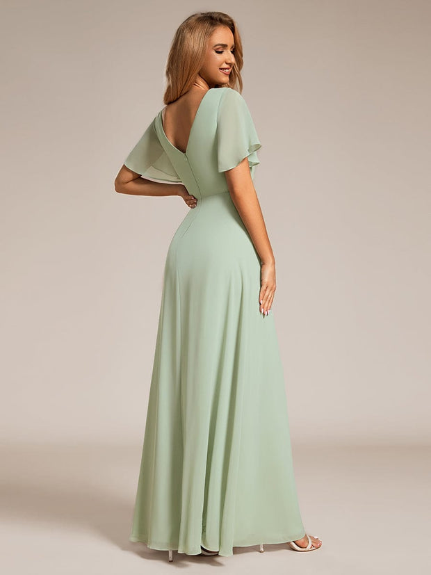 A-Line Ruffle Sleeves and High Slit Chiffon Bridesmaid Dress with V-Neck