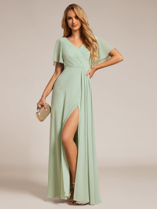 A-Line Ruffle Sleeves and High Slit Chiffon Bridesmaid Dress with V-Neck