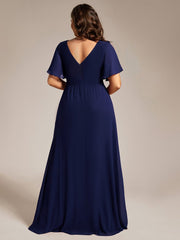 A-Line Ruffle Sleeves and High Slit Chiffon Bridesmaid Dress with V-Neck