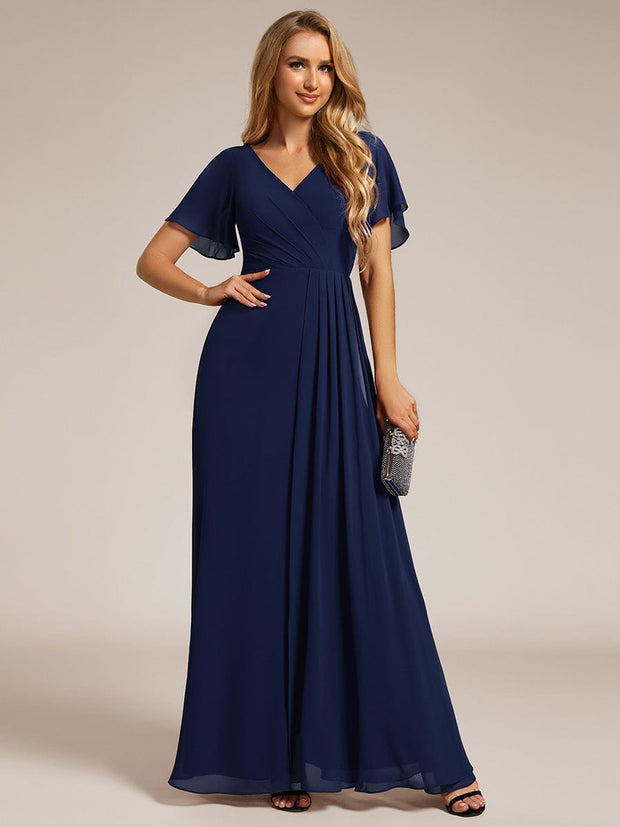 A-Line Ruffle Sleeves and High Slit Chiffon Bridesmaid Dress with V-Neck