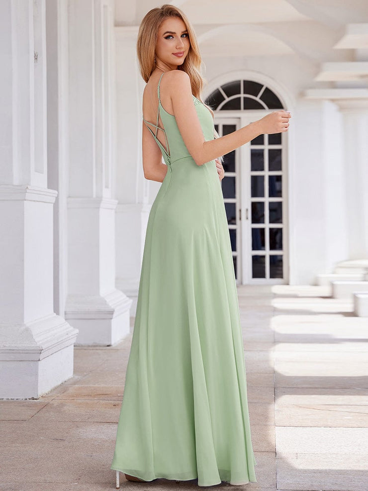 Chic V-Neck Pleated Sleeveless Applique Waist Bridesmaid Dress