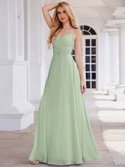 Chic V-Neck Pleated Sleeveless Applique Waist Bridesmaid Dress