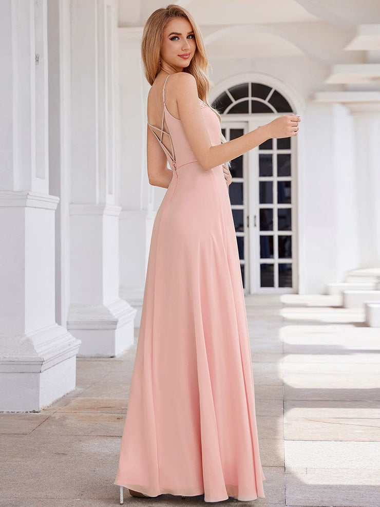 Chic V-Neck Pleated Sleeveless Applique Waist Bridesmaid Dress