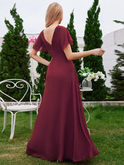 A-Line Ruffle Sleeves Chiffon Bridesmaid Dress with V-Neck Pleats