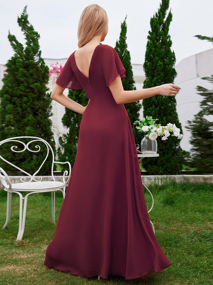 A-Line Ruffle Sleeves Chiffon Bridesmaid Dress with V-Neck Pleats