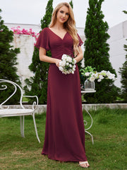 A-Line Ruffle Sleeves Chiffon Bridesmaid Dress with V-Neck Pleats