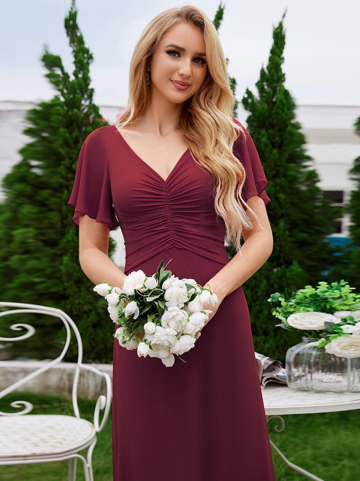 A-Line Ruffle Sleeves Chiffon Bridesmaid Dress with V-Neck Pleats