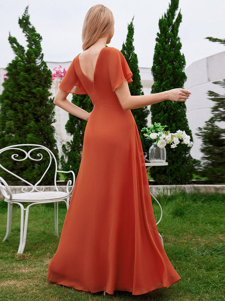 A-Line Ruffle Sleeves Chiffon Bridesmaid Dress with V-Neck Pleats