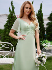 A-Line Ruffle Sleeves Chiffon Bridesmaid Dress with V-Neck Pleats