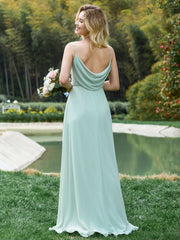 Chiffon Pleated Spaghetti Strap Cowl-Back Maxi Bridesmaid Dress In Pink