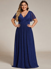 Plus Size Sparkle Short Sleeves Formal Evening Dress with V-Neck