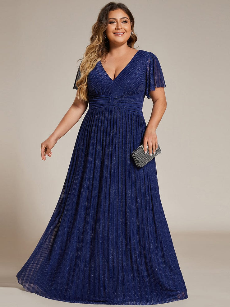 Plus Size Sparkle Short Sleeves Formal Evening Dress with V-Neck