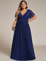 Plus Size Sparkle Short Sleeves Formal Evening Dress with V-Neck