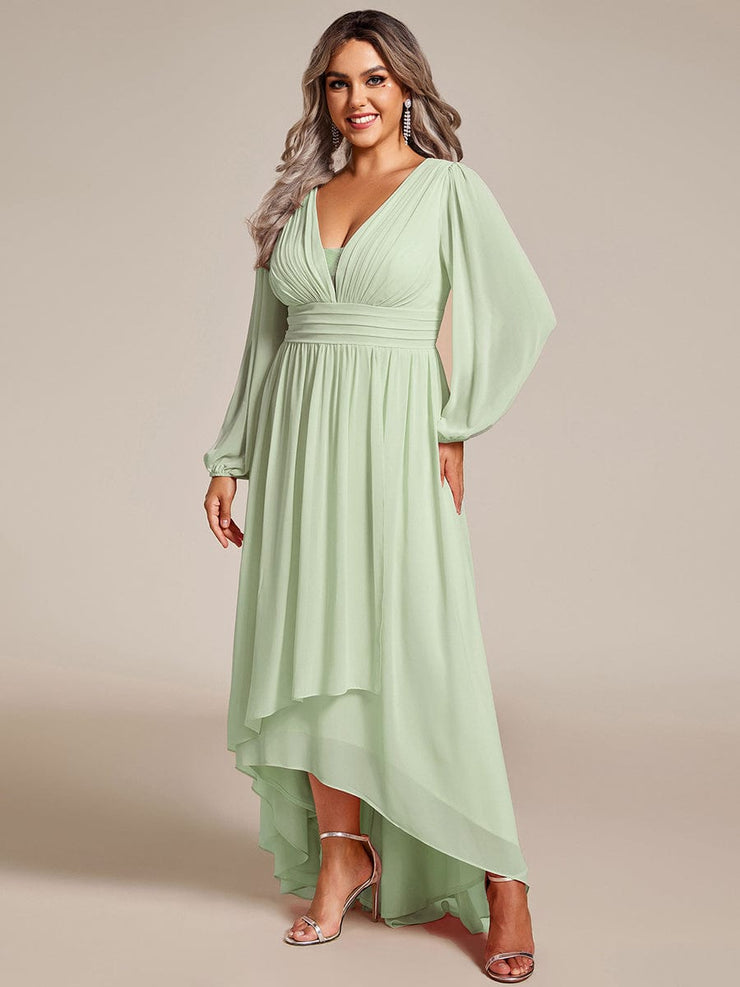 Plus Size Enchanting Chiffon Lantern Sleeve Pleated High Waist Bridesmaid Dress