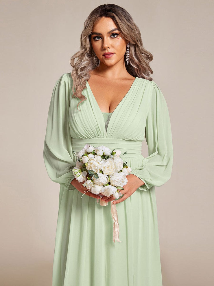 Plus Size Enchanting Chiffon Lantern Sleeve Pleated High Waist Bridesmaid Dress