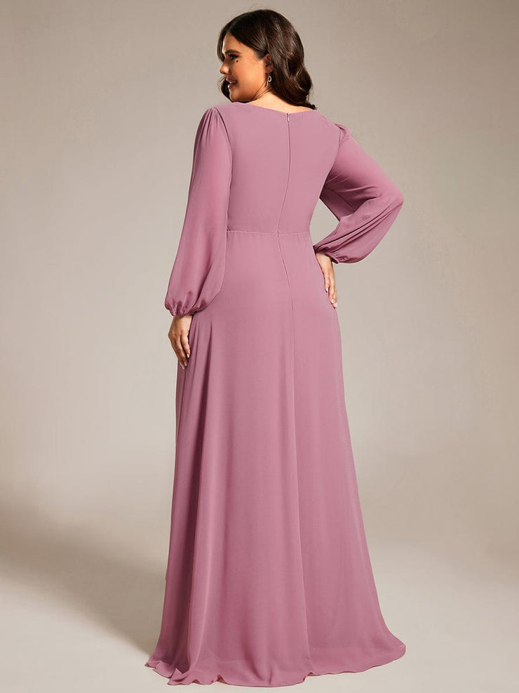 Plus Size Enchanting Chiffon Lantern Sleeve Pleated High Waist Bridesmaid Dress