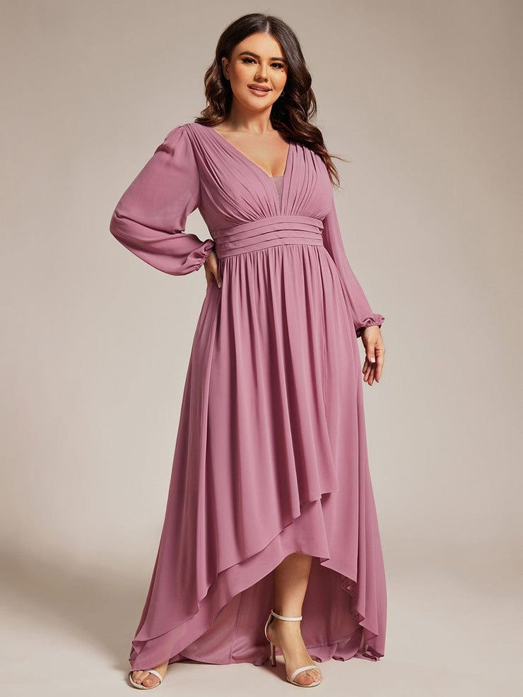 Plus Size Enchanting Chiffon Lantern Sleeve Pleated High Waist Bridesmaid Dress