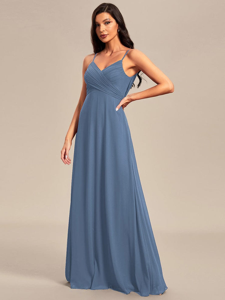 Chiffon Pleated Spaghetti Strap Cowl-Back Maxi Bridesmaid Dress In Pink