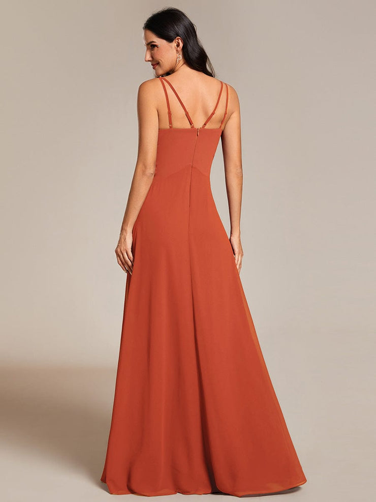 Chic Adjustable Straps Pleated Bridesmaid Dress with V-Neck