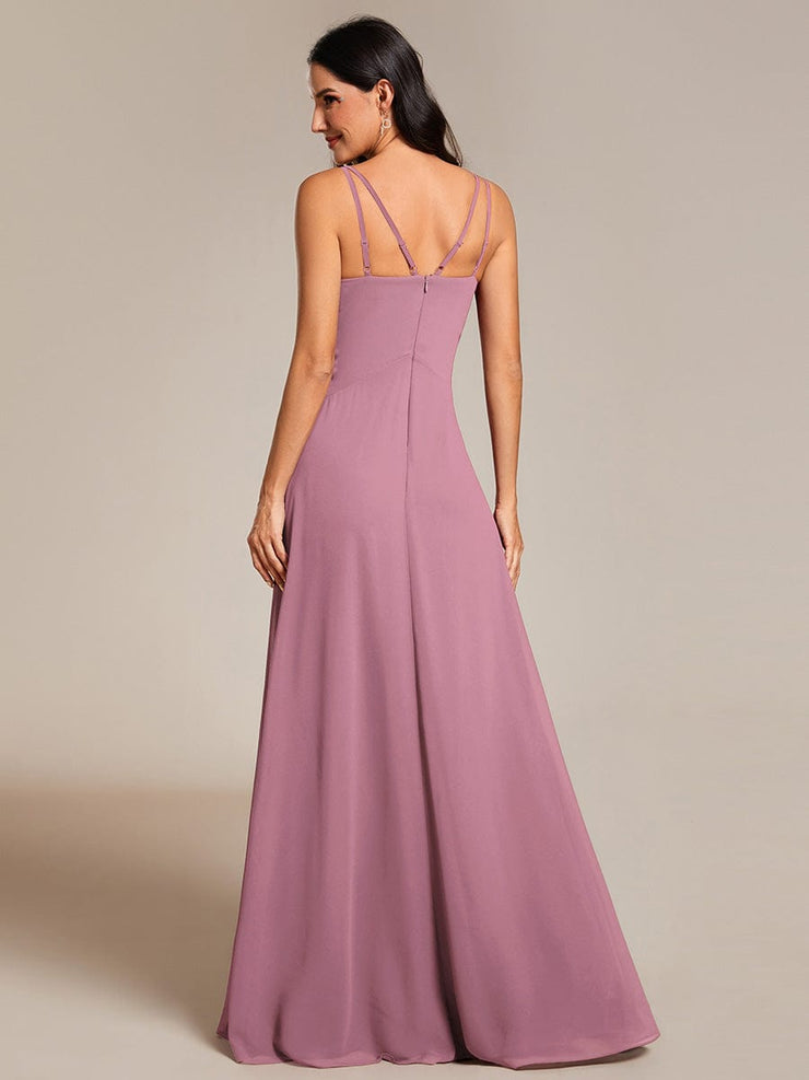 Chic Adjustable Straps Pleated Bridesmaid Dress with V-Neck