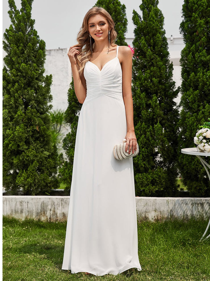 Chic Adjustable Straps Pleated Bridesmaid Dress with V-Neck