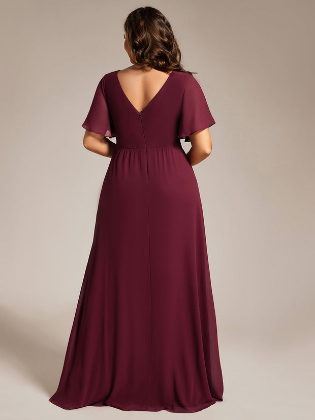 A-Line Ruffle Sleeves and High Slit Chiffon Bridesmaid Dress with V-Neck