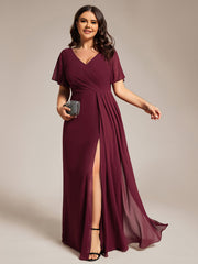 A-Line Ruffle Sleeves and High Slit Chiffon Bridesmaid Dress with V-Neck