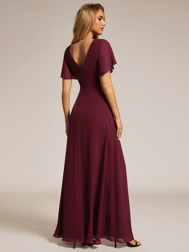 A-Line Ruffle Sleeves and High Slit Chiffon Bridesmaid Dress with V-Neck