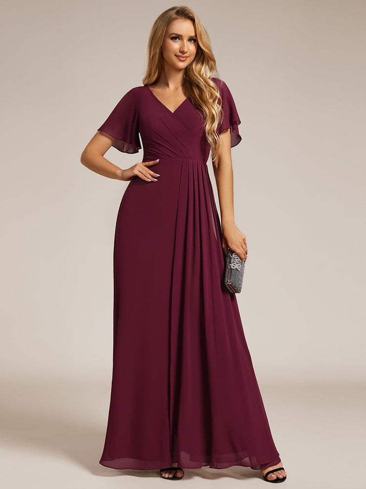 A-Line Ruffle Sleeves and High Slit Chiffon Bridesmaid Dress with V-Neck