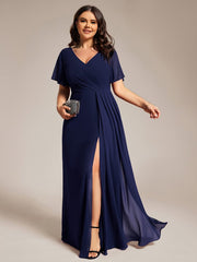 Plus Size A-Line Ruffle Sleeves High Slit Chiffon Bridesmaid Dress