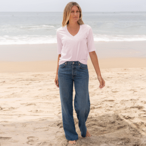 Womens Elbow Sleeve V-Neck - Light Pink